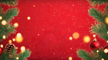 Fototapeta na wymiar Christmas background with xmas tree and sparkle bokeh lights on red canvas background. Merry christmas card. Winter holiday theme. Happy New Year. Space for text, top view