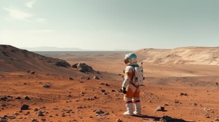 Astronaut in a spacesuit standing on Mars, Earth visible on the horizon, the vastness of space and the isolation of space travel, Photography, high-resolution