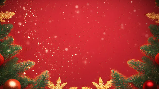 Christmas background with xmas tree and sparkle bokeh lights on red canvas background. Merry christmas card. Winter holiday theme. Happy New Year. Space for text, top view