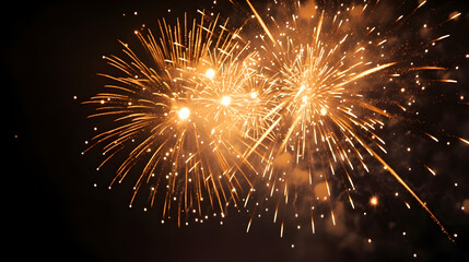 HAPPY NEW YEAR 2024 - Celebration New Year's Eve, Silvester 2024 holiday background panorama greeting card - Golden firework fireworks pyrotechnics on dark night sky..