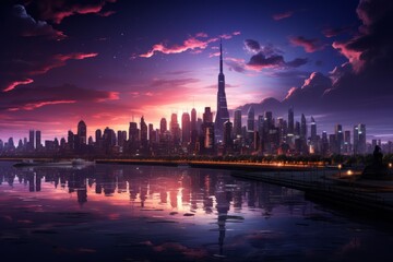 Fototapeta na wymiar Sci-fi cityscape futuristic skyline neon lights