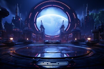 Blurry background of Futuristic architecture sci-fi hall room with dome and pedestal, 3d rendering - obrazy, fototapety, plakaty