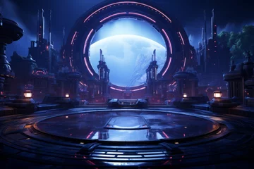 Fotobehang Blurry background of Futuristic architecture sci-fi hall room with dome and pedestal, 3d rendering © Yuchen Dong