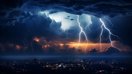 A burst of lightning illuminates the night sky in the middle of a storm, representing various weather phenomena and natural disasters such as hurricanes, typhoons, and thunderstorms. - obrazy, fototapety, plakaty