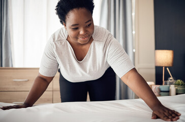 Black woman, bed and cleaning bedroom, hygiene and housekeeping with morning routine at home. African female person, cleaner service and change sheets with maintenance, housekeeper and hospitality - obrazy, fototapety, plakaty