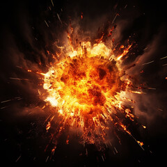 Fototapeta na wymiar Fiery bomb explosion with sparks isolated on black background, ai technology