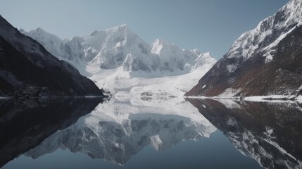 Himalaya Mountains covered in snow and ice, mountain lake in the foreground, reflecting the peaks professional photography
