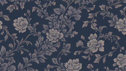This mural wallpaper features a large-scale pattern of thorn roses on a dark blue background. The flowers are a variety of shapes and sizes - obrazy, fototapety, plakaty