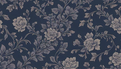 Fotobehang This mural wallpaper features a large-scale pattern of thorn roses on a dark blue background. The flowers are a variety of shapes and sizes © Noboru