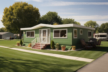 mobile home located within a community designed for retired individuals with grass lawn - obrazy, fototapety, plakaty