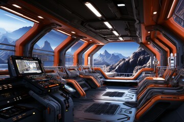 Spaceship black corridor with view on space and planet Earth 3D rendering elements - obrazy, fototapety, plakaty