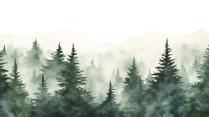 Watercolor green landscape of foggy forest hill. Evergreen coniferous trees. Wild nature, frozen, misty, taiga. Horizontal watercolor background.Hand painted watercolor illustration of misty forest - obrazy, fototapety, plakaty