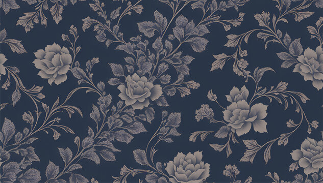 Fototapeta This mural wallpaper features a large-scale pattern of thorn roses on a dark blue background. The flowers are a variety of shapes and sizes