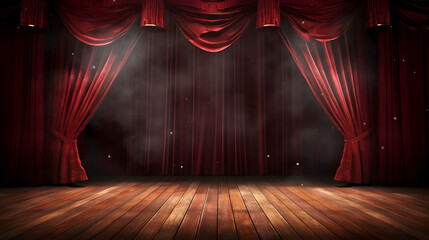 Magic theater stage red curtains Show Spotlight, copy space, empty room - obrazy, fototapety, plakaty