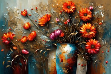Modern painting, abstract, the metal element, texture background, flowers, plants, flowers in a vase--