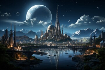 Castle, bridge and river under the full moon. Princess Castle on the cliff. Fairy tale castle