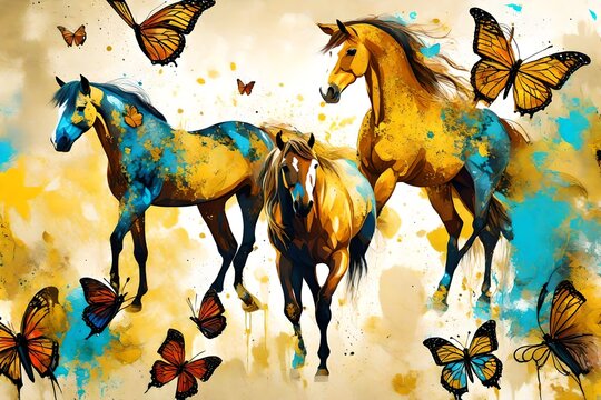 Paint, horses, butterfly, abstract, texture, aureate, fashion
