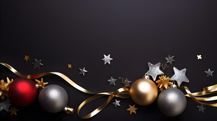 Christmas background with ball , coffeti and decor. Top view with copy space, Christmas decoration on dark background