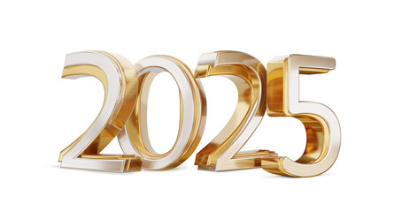 2025 golden gold bold letters as new year, luxury wealth glossy metallic, Sylvester or year 2025, silver golden 3d-illustration isolated