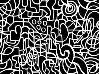 Abstract black and white hand-drawn drawing on a black background.Seamless pattern.