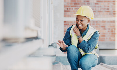 Happy phone call, air conditioner or maintenance black woman chat about HVAC machine, heat pump or aircon inspection. Construction worker, cellphone or rooftop technician person for AC repair service - obrazy, fototapety, plakaty