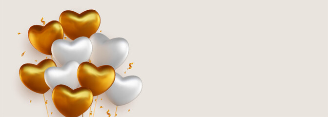 Welcome design in national shiny gold and white colors with realistic flying heart shaped helium balloons. Celebration background, festival, welcome banner, card and poster. - obrazy, fototapety, plakaty