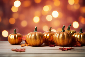 Thanksgiving pumpkins with maple leaves bokeh background, border, earth tones