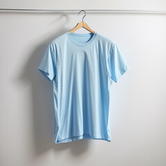 blue t shirt on hangers white background
