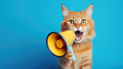 A cat with a loudspeaker. Banner for advertising.