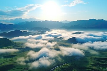 Iceland landscape with mountains and gray clouds. Generative AI Art. Beautiful dramatic view with volcanic mountains. Aerial drone view.