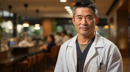 Fototapeta premium Doctor posing, arms folded in hospital cafeteria. Medical concept.