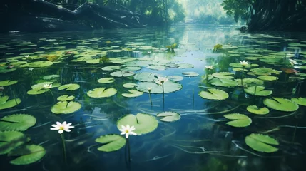 Foto op Canvas A tranquil pond filled with water lilies, their broad leaves floating gracefully on the water's surface. © Ahmad