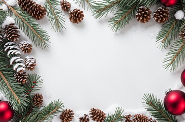 Obraz na płótnie Canvas A Christmas Flat Lay: Pine, Cones, and Snow