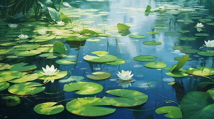 A tranquil pond filled with water lilies, their broad leaves floating gracefully on the water's surface.