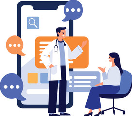 Hand Drawn Doctor and patient characters with smartphone in online medicine concept in flat style