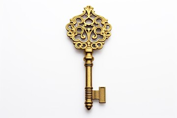 golden vintage skeleton key on white background 