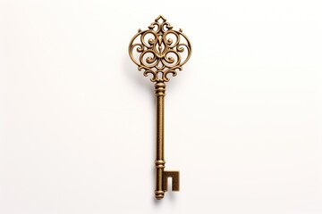 golden vintage skeleton key on white background 