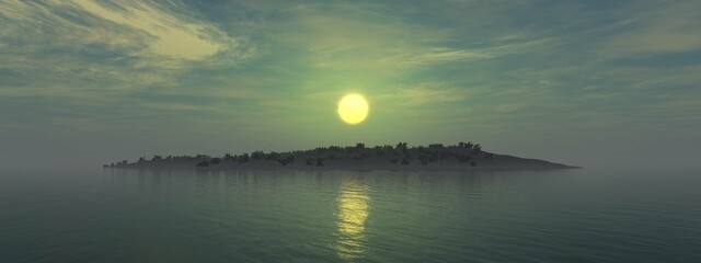 Island in the ocean in the morning in a foggy haze, sunset over a tropical island, 3D rendering