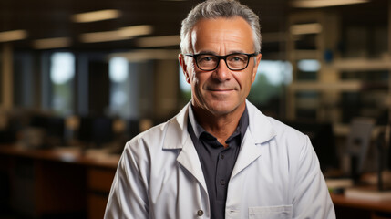 Fototapeta premium Happy doctor posing in hospital lab. Medical concept.
