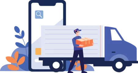 Foto op Canvas Hand Drawn Delivery man character with truck In the concept of online delivery in flat style © toonsteb