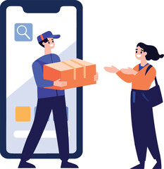 Hand Drawn Characters of delivery worker and customer In the concept of online delivery in flat style