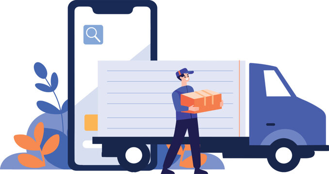 Hand Drawn Delivery man character with truck In the concept of online delivery in flat style