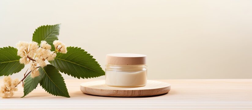 Natural cosmetics concept with cream jar horse chestnut leaf and flowers on wooden stand
