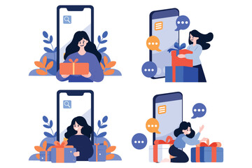 Hand Drawn Female character holding a gift with smartphone in online shopping concept in flat style