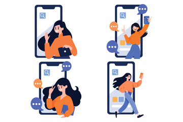 Hand Drawn Female character talking with smartphone in online communication concept in flat style
