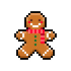 Pixel gingerbread man isolated on white background. New year cookies icon. Vector pixel art illustration of Christmas elements in 16-bit old style.