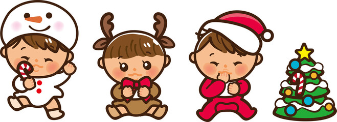 クリスマスコスチュームを着ている赤ちゃんたちのかわいいイラスト