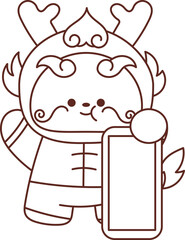 Chinese New Year 2024, the year of the Dragon, red and gold line art characters