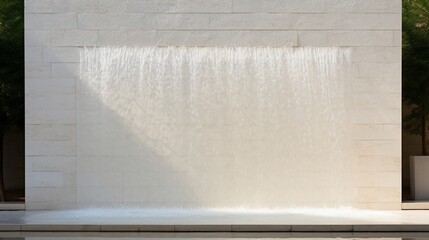 A vertical wall fountain, water sheathing down a textured surface, showcased prominently against a spotless white canvas.