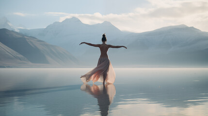 A beautiful lady avid traveler and dancer dancing on the partially frozen Pangong Lake, Ladakh, India, wearing a long gown - obrazy, fototapety, plakaty
